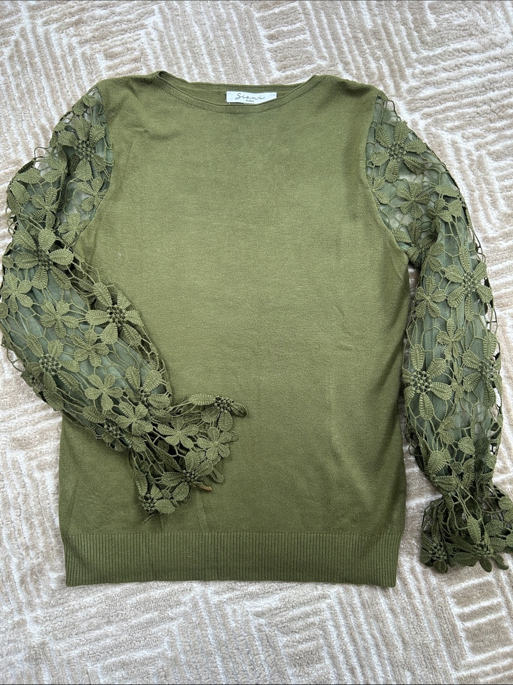 Elbow-Length Floral Lace Sleeve Sweater - Olive, S